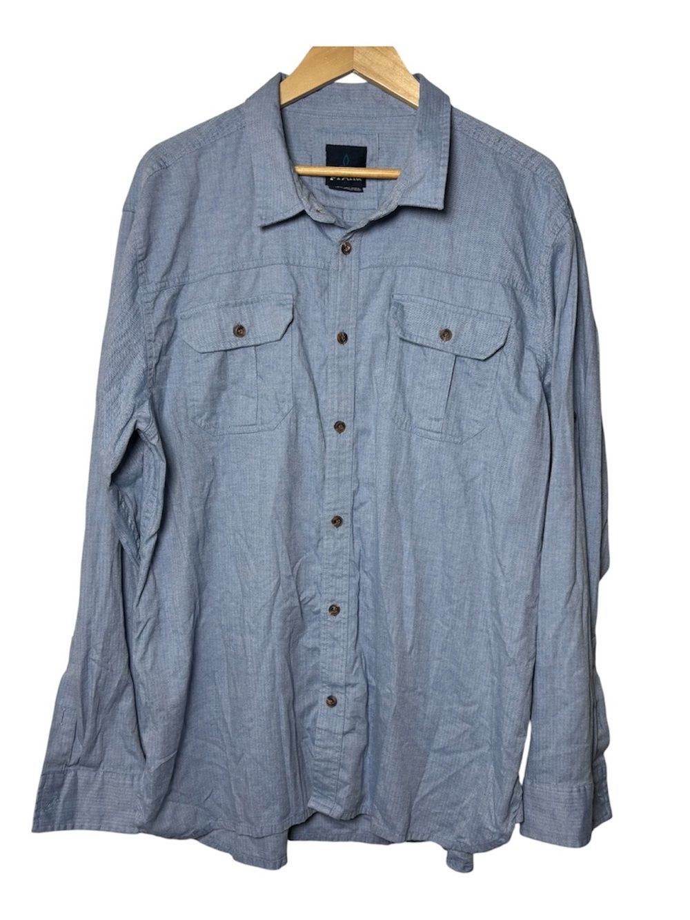 Prana Men's Button Down Shirt XXL Blue Organic Cotton Blend Long Sleeve Roll Tab